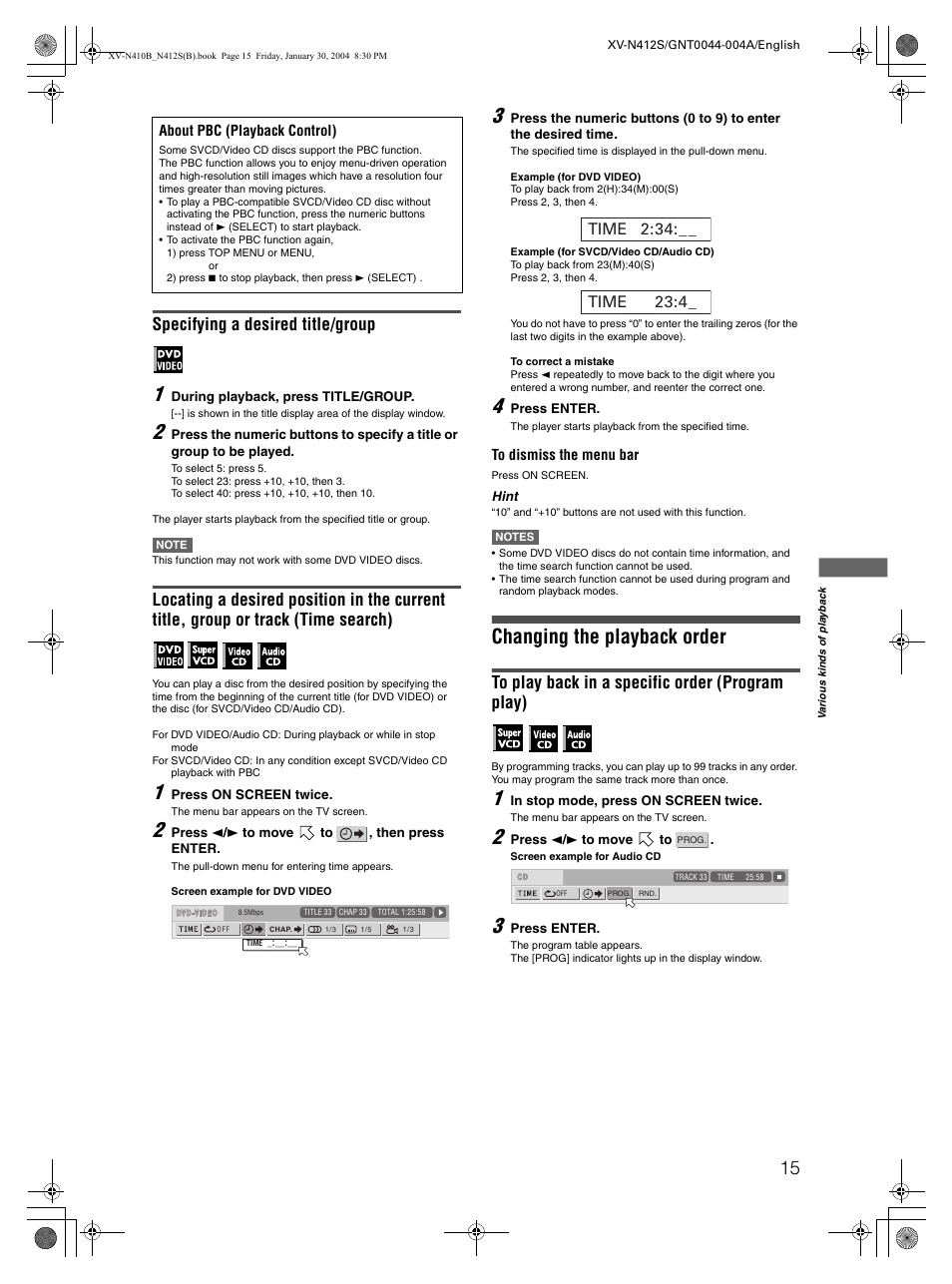 Changing the playback order, Specifying a desired title/group | JVC XV-N412S User Manual | Page 17 / 38