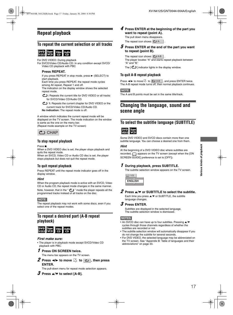 Repeat playback, Changing the language, sound and scene angle, Chap | JVC XV-N412S User Manual | Page 19 / 38