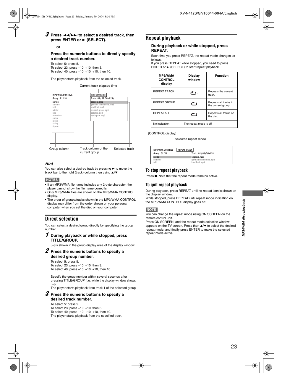 Direct selection, Repeat playback | JVC XV-N412S User Manual | Page 25 / 38