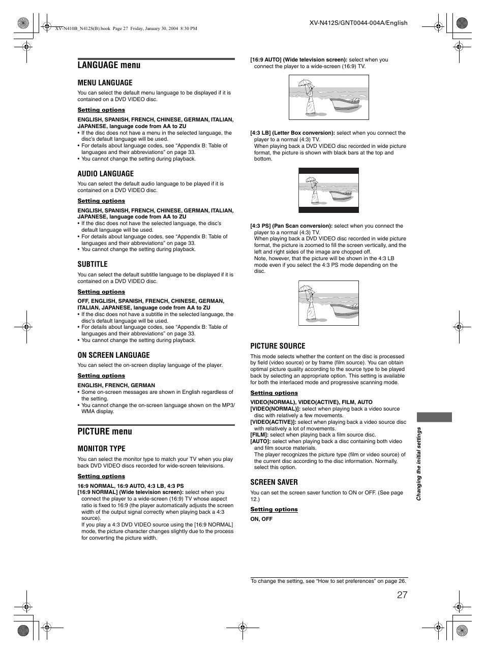 Language menu, Picture menu | JVC XV-N412S User Manual | Page 29 / 38