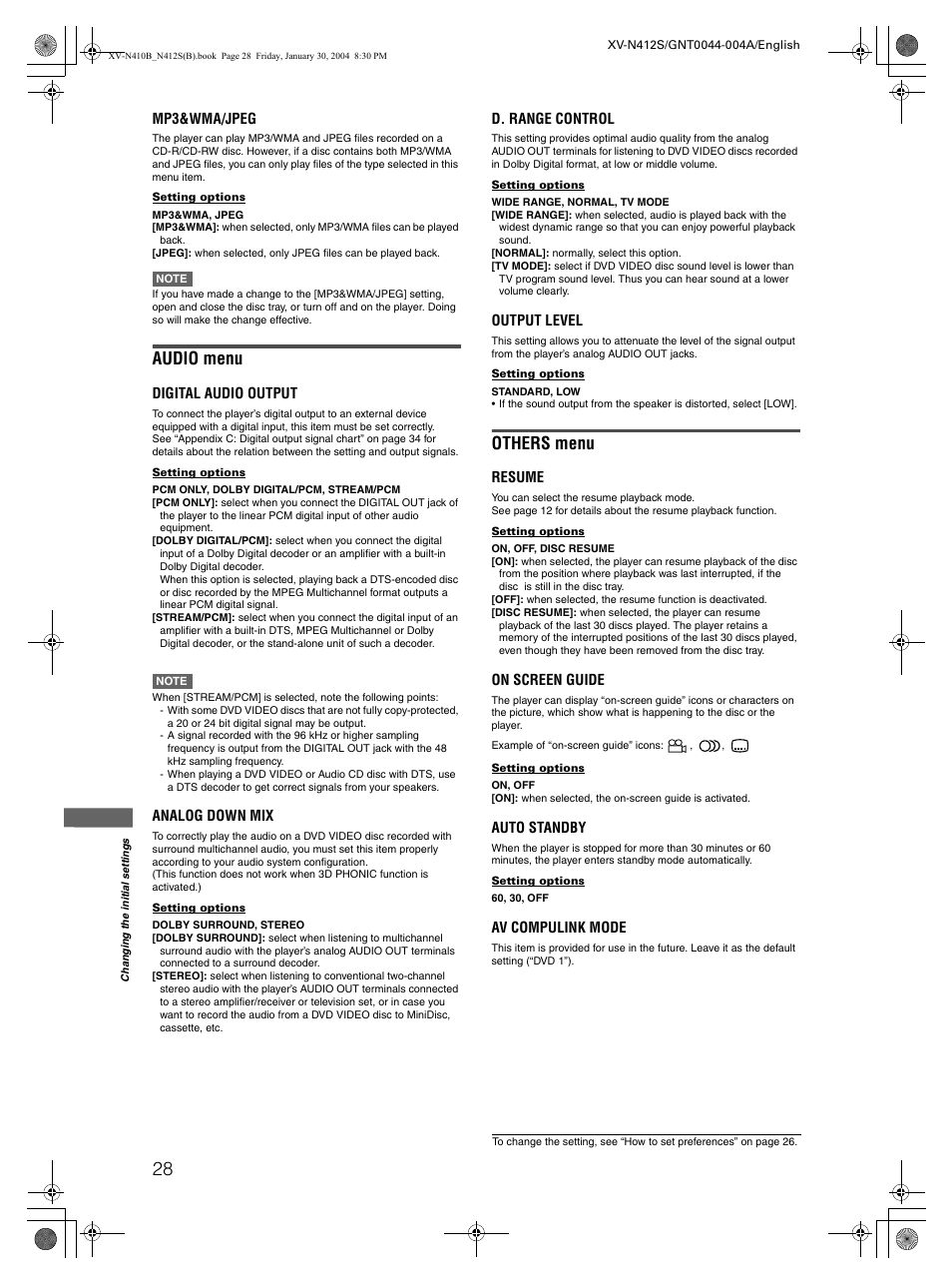 Audio menu, Others menu | JVC XV-N412S User Manual | Page 30 / 38