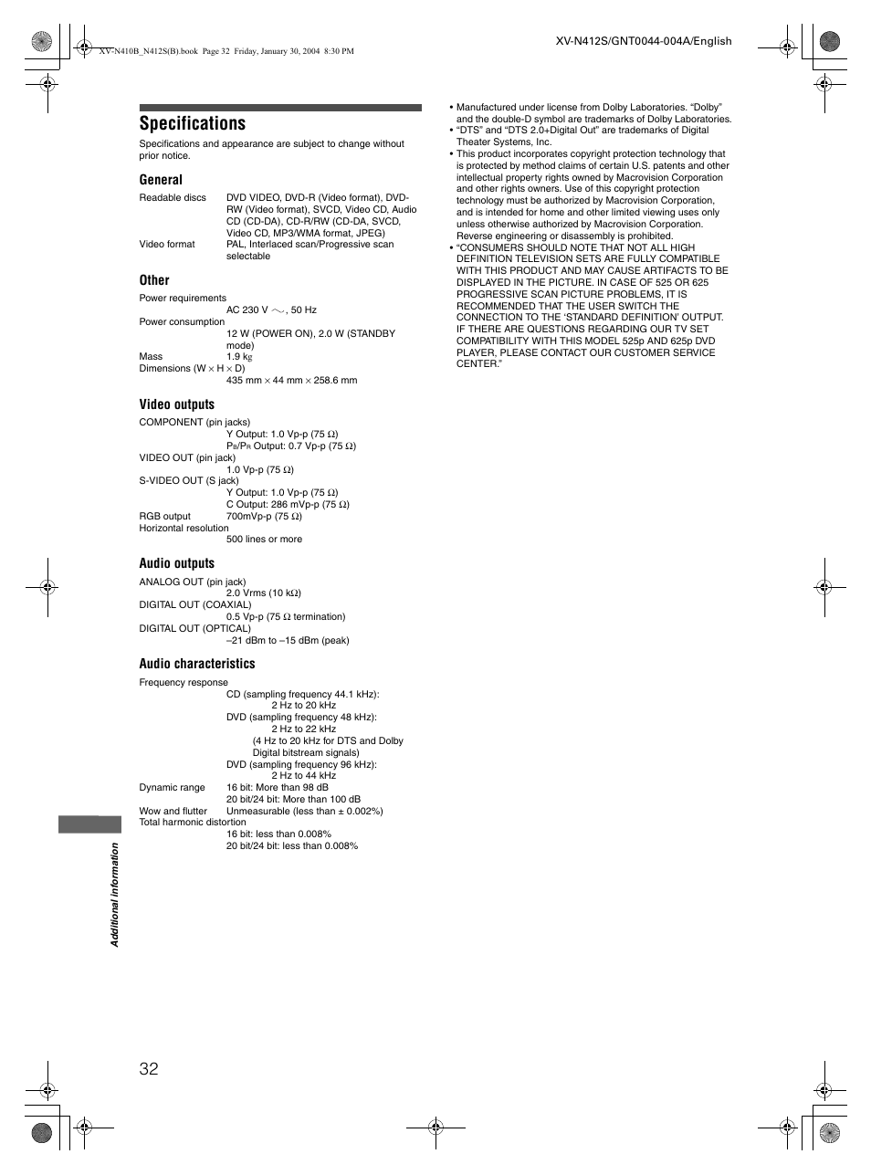 Specifications, General, Other | Video outputs, Audio outputs, Audio characteristics | JVC XV-N412S User Manual | Page 34 / 38