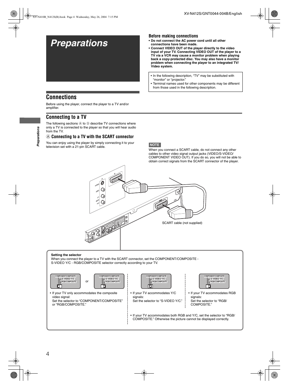 Preparations, Connections, Connecting to a tv | Before making connections, A connecting to a tv with the scart connector | JVC XV-N412S User Manual | Page 6 / 38