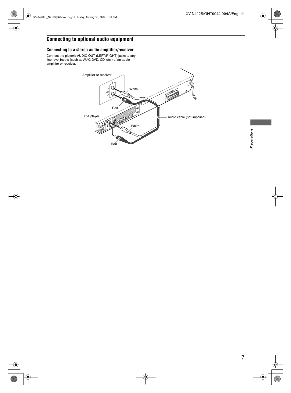 Connecting to optional audio equipment, Connecting to a stereo audio amplifier/receiver, Pre p a ra ti o n s | JVC XV-N412S User Manual | Page 9 / 38