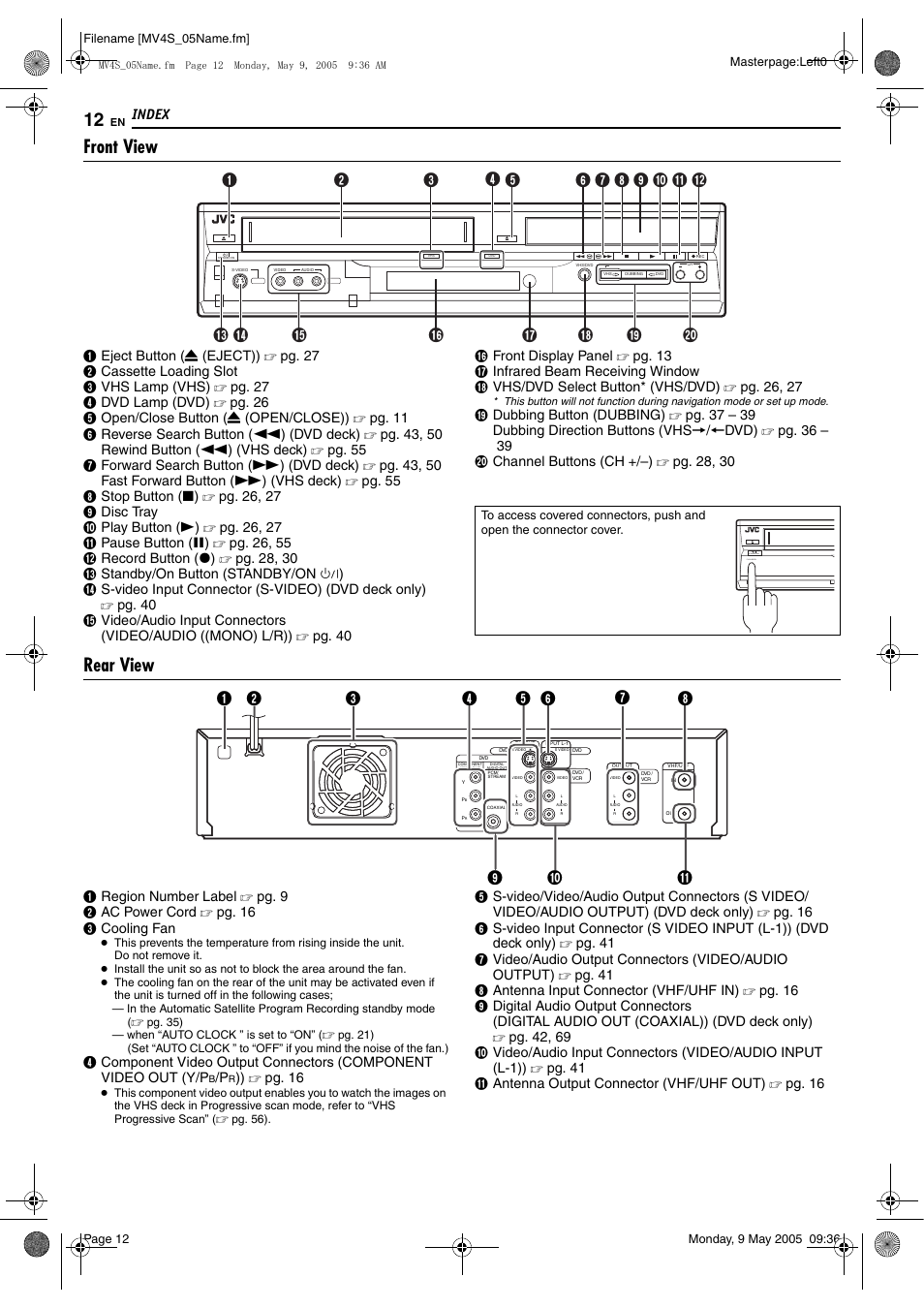 Front view, Rear view, Index | JVC DR-MV4SUJ User Manual | Page 12 / 84