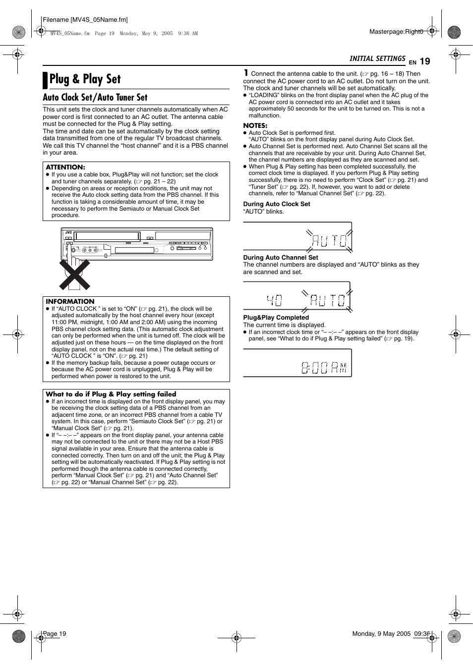 Pg. 19), Plug & play set, Auto clock set/auto tuner set | Initial settings | JVC DR-MV4SUJ User Manual | Page 19 / 84