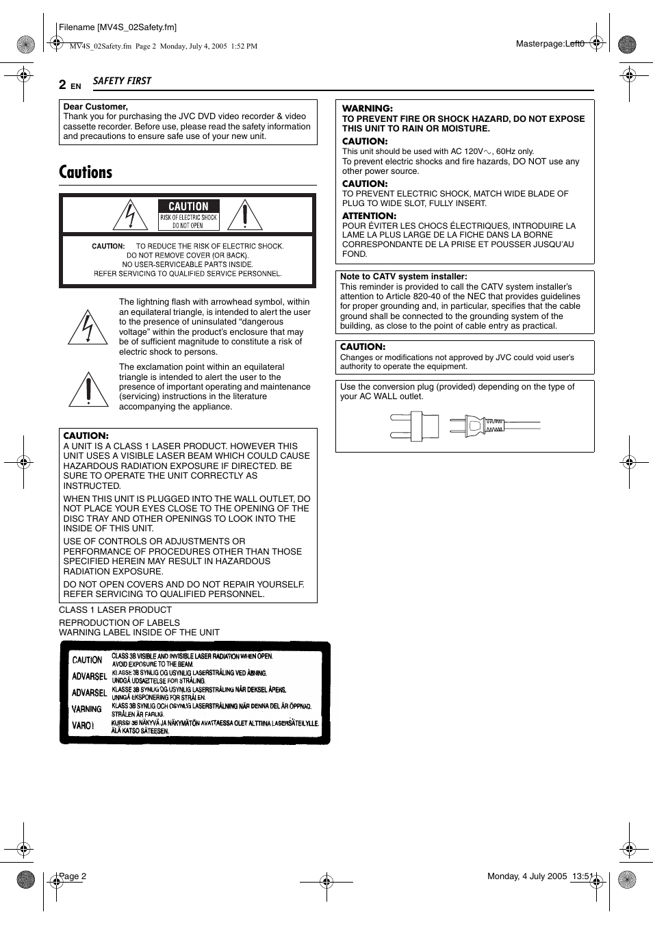 Cautions | JVC DR-MV4SUJ User Manual | Page 2 / 84