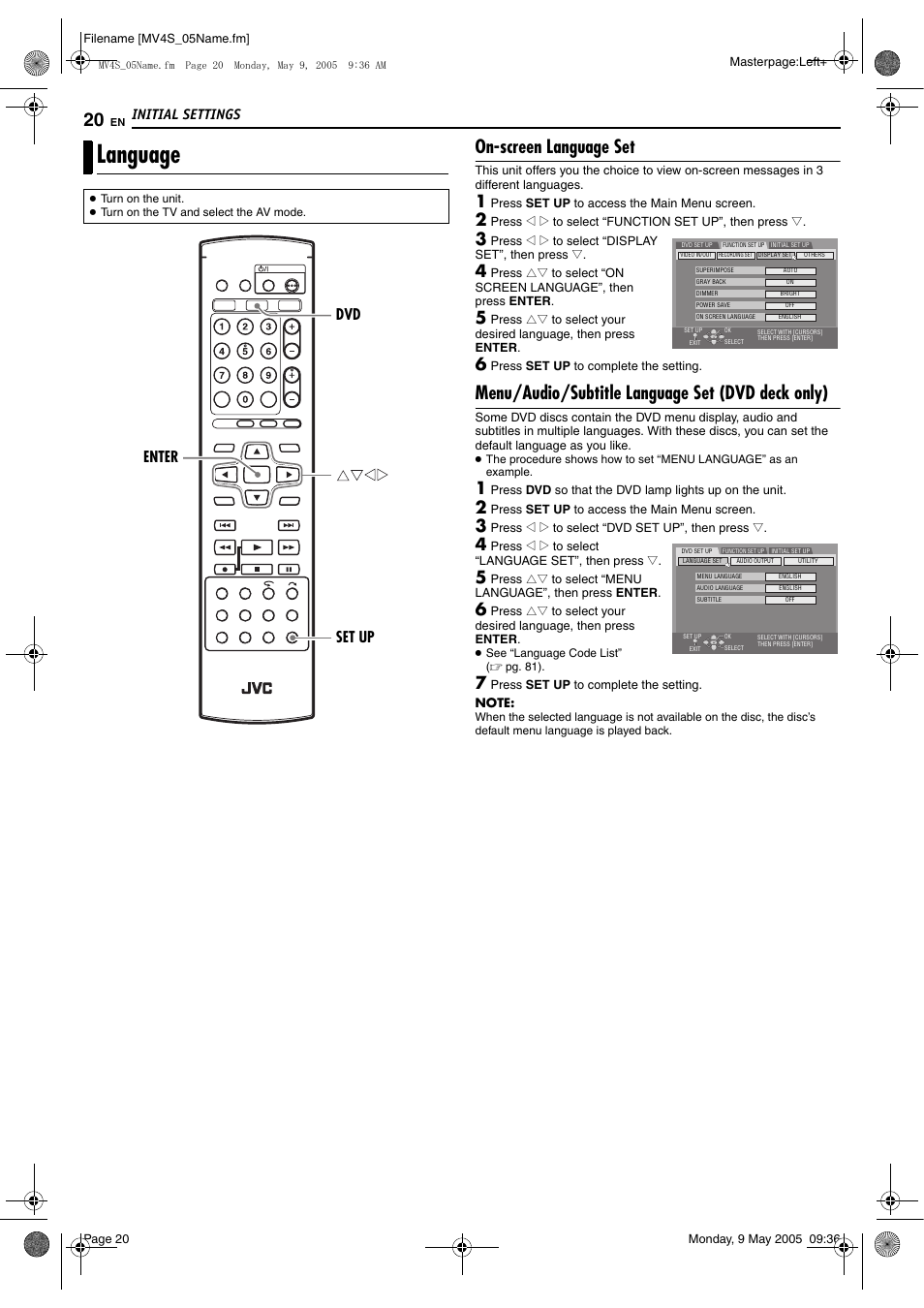 Pg. 20, Language, On-screen language set | Menu/audio/subtitle language set (dvd deck only), Initial settings, Enter set up dvd | JVC DR-MV4SUJ User Manual | Page 20 / 84