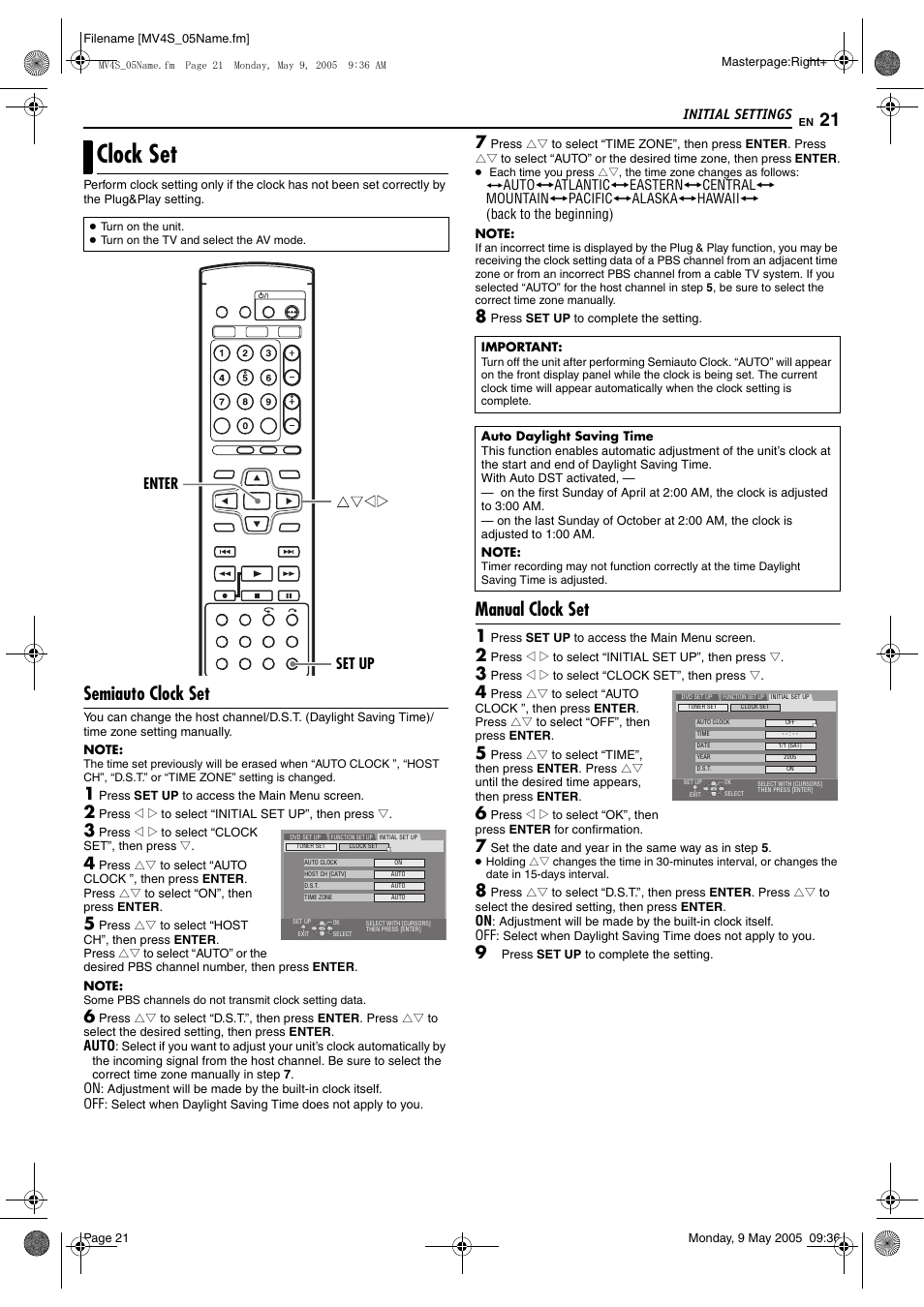 T to “on, Pg. 21), Clock set | Pg. 21) an, Pg. 21 – 22, M “semiauto clock set, Pg. 21) or, Manual clock set, M “manual clock set, Semiauto clock set | JVC DR-MV4SUJ User Manual | Page 21 / 84