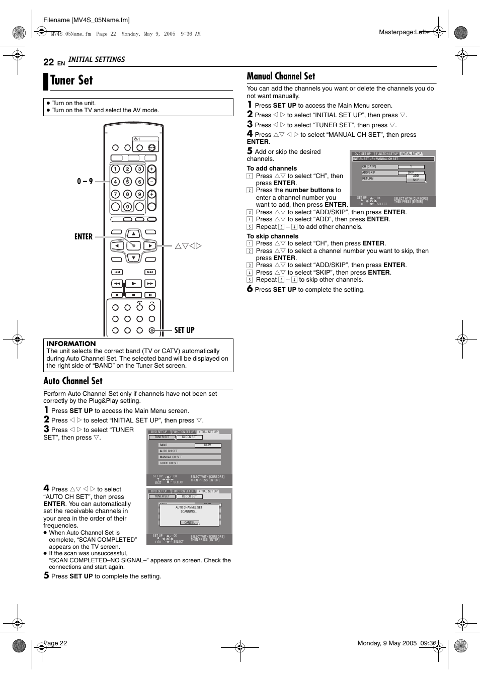 Pg. 22, Tuner set, Pg. 22) | Manual channel set, D “auto channel set, Pg. 22) or “manual channel set” (੬ pg. 22), Auto channel set, Initial settings, Enter 0 – 9 set up | JVC DR-MV4SUJ User Manual | Page 22 / 84