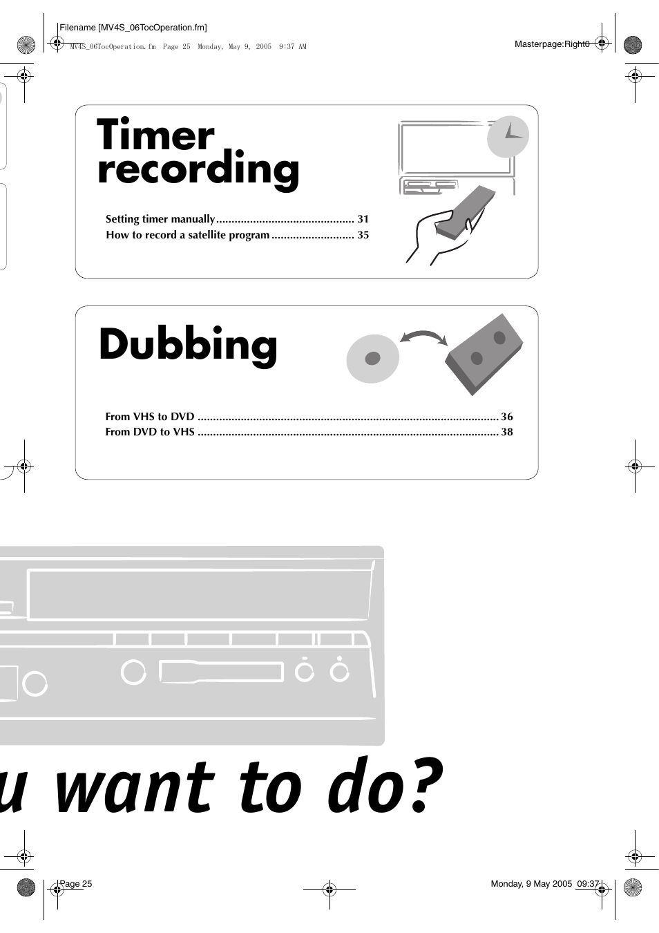 U want to do, Timer recording, Dubbing | JVC DR-MV4SUJ User Manual | Page 25 / 84