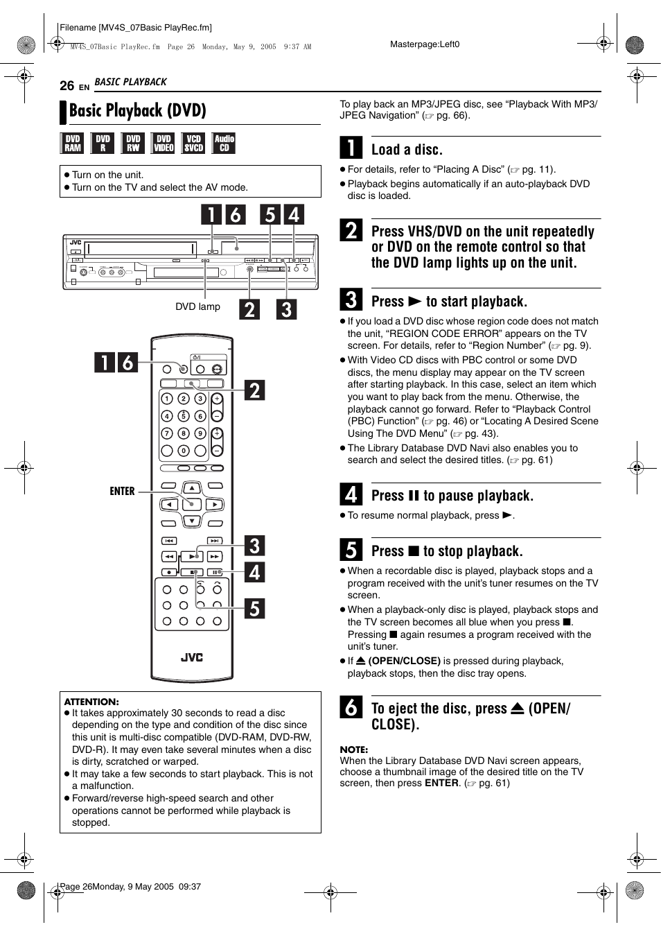 Basic playback (dvd), Load a disc, Press 4 to start playback | Press 9 to pause playback, Press 8 to stop playback | JVC DR-MV4SUJ User Manual | Page 26 / 84
