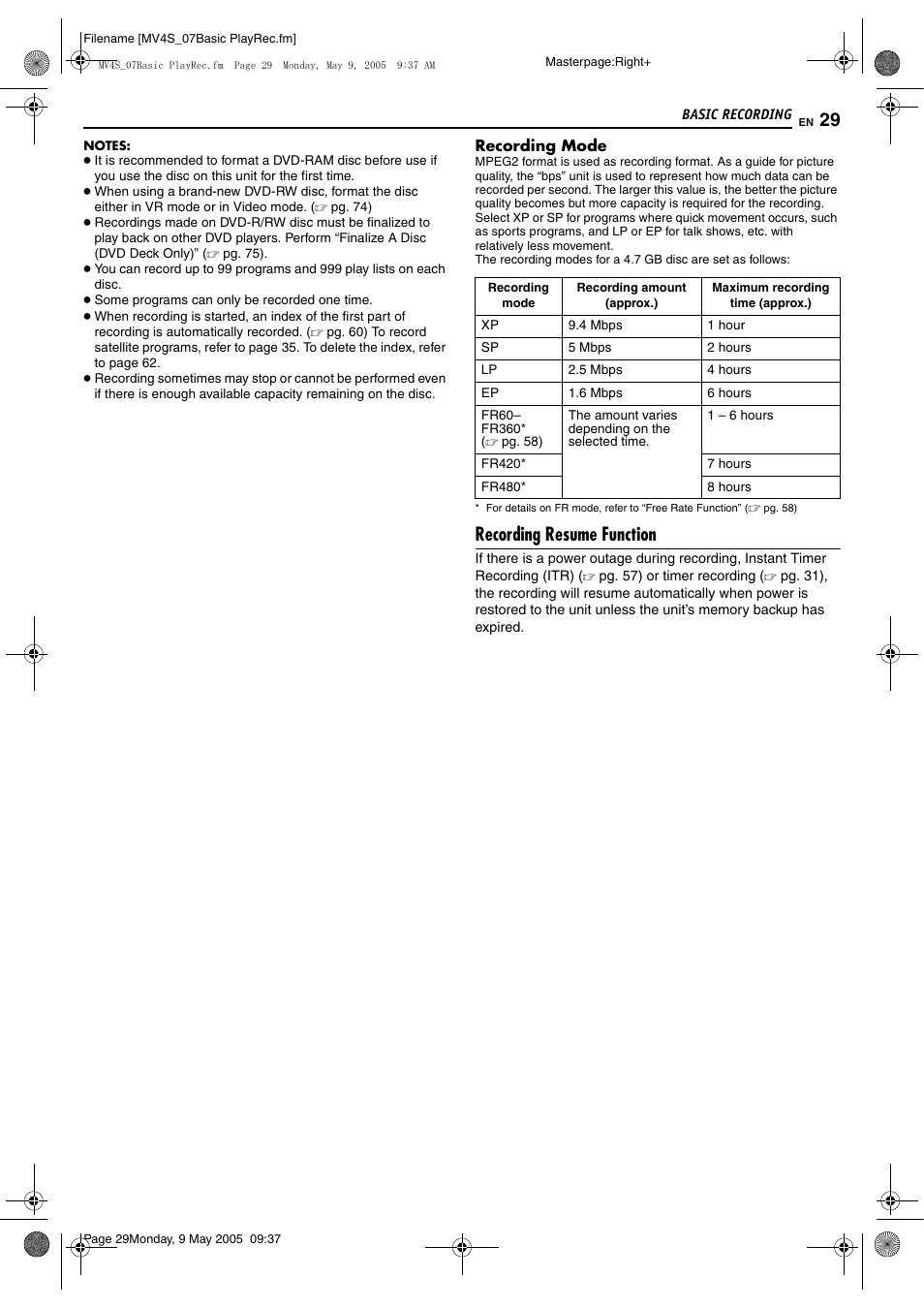 See “recording mode, Pg. 29), Recording resume function | JVC DR-MV4SUJ User Manual | Page 29 / 84