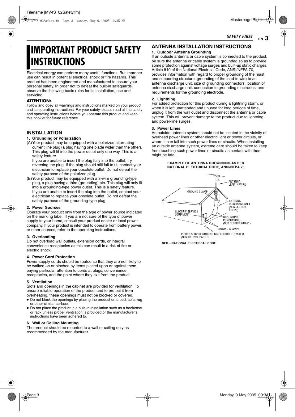 Important product safety instructions | JVC DR-MV4SUJ User Manual | Page 3 / 84