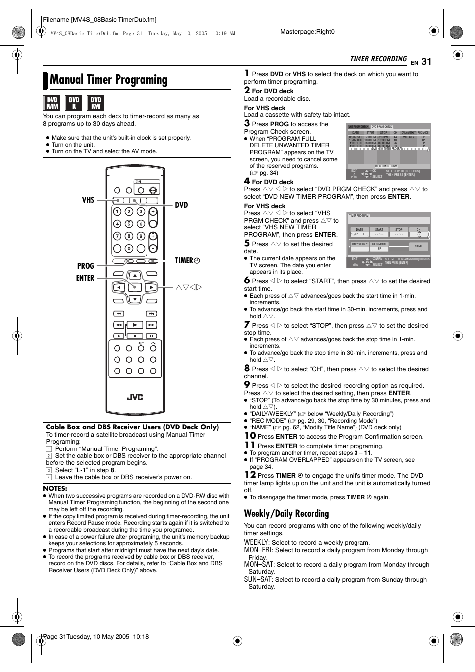 Manual timer programing, Weekly/daily recording, Timer recording | Enter dvd vhs timer prog | JVC DR-MV4SUJ User Manual | Page 31 / 84