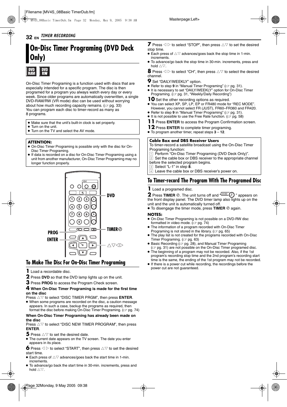 On-disc timer programing (dvd deck only) | JVC DR-MV4SUJ User Manual | Page 32 / 84