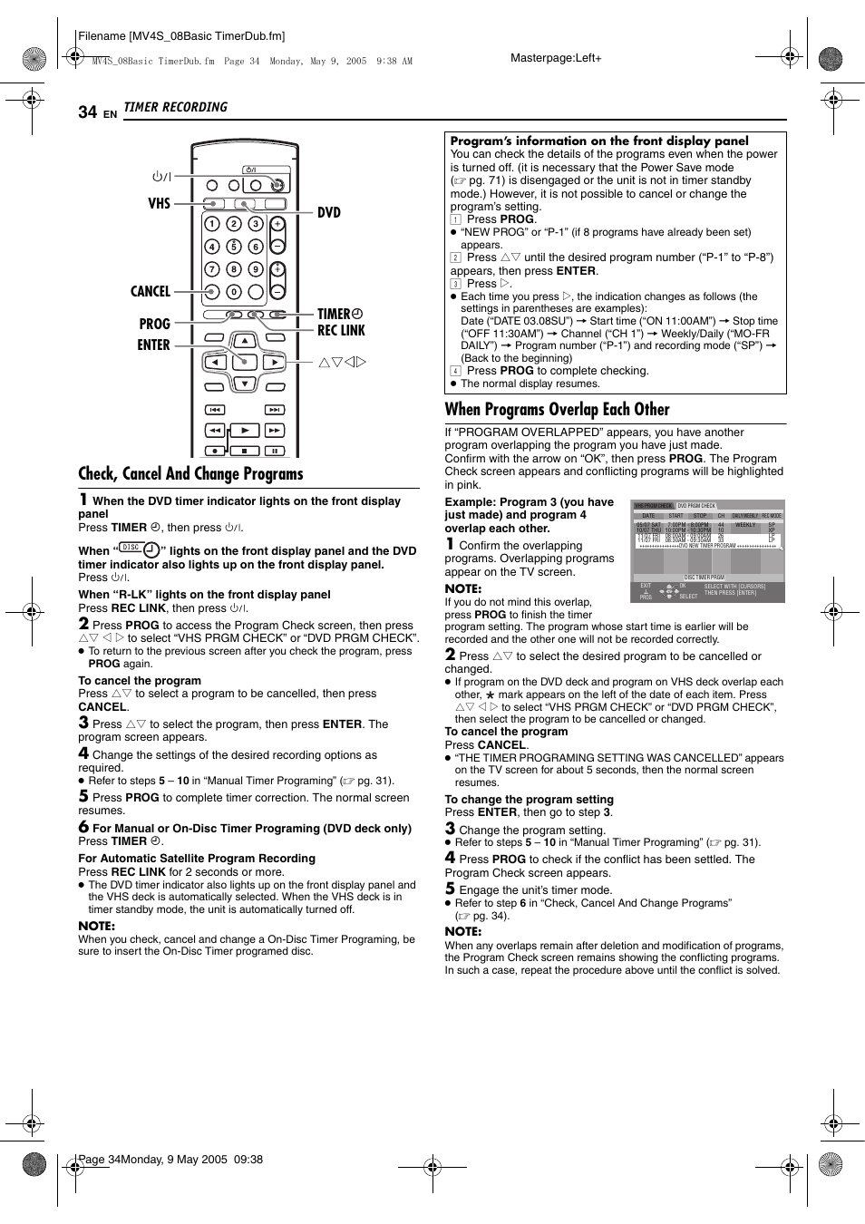 Pg. 34), Check, cancel and change programs, When programs overlap each other | Timer recording, Enter vhs prog timer dvd cancel rec link | JVC DR-MV4SUJ User Manual | Page 34 / 84