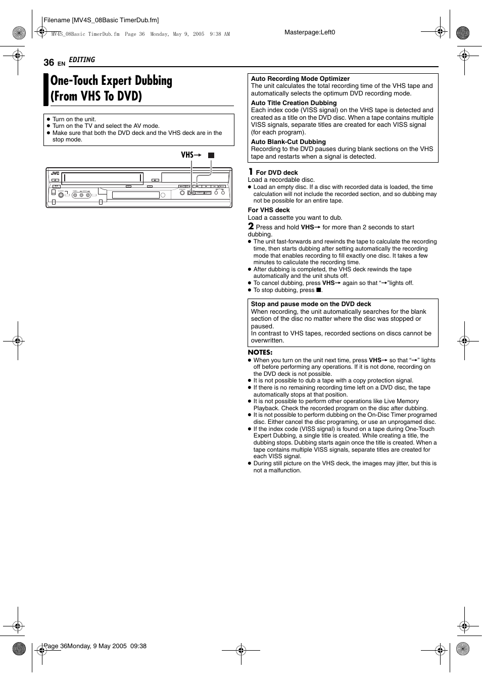 One-touch expert dubbing (from vhs to dvd), Editing | JVC DR-MV4SUJ User Manual | Page 36 / 84