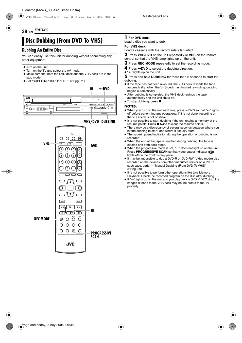 Disc dubbing (from dvd to vhs), Dubbing an entire disc | JVC DR-MV4SUJ User Manual | Page 38 / 84