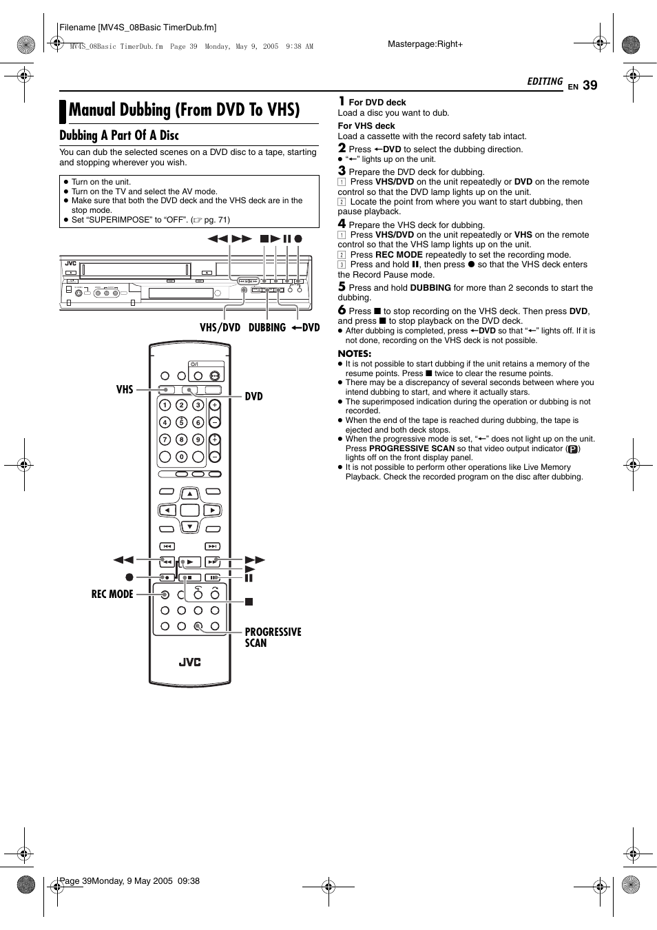 Manual dubbing (from dvd to vhs), Dubbing a part of a disc | JVC DR-MV4SUJ User Manual | Page 39 / 84