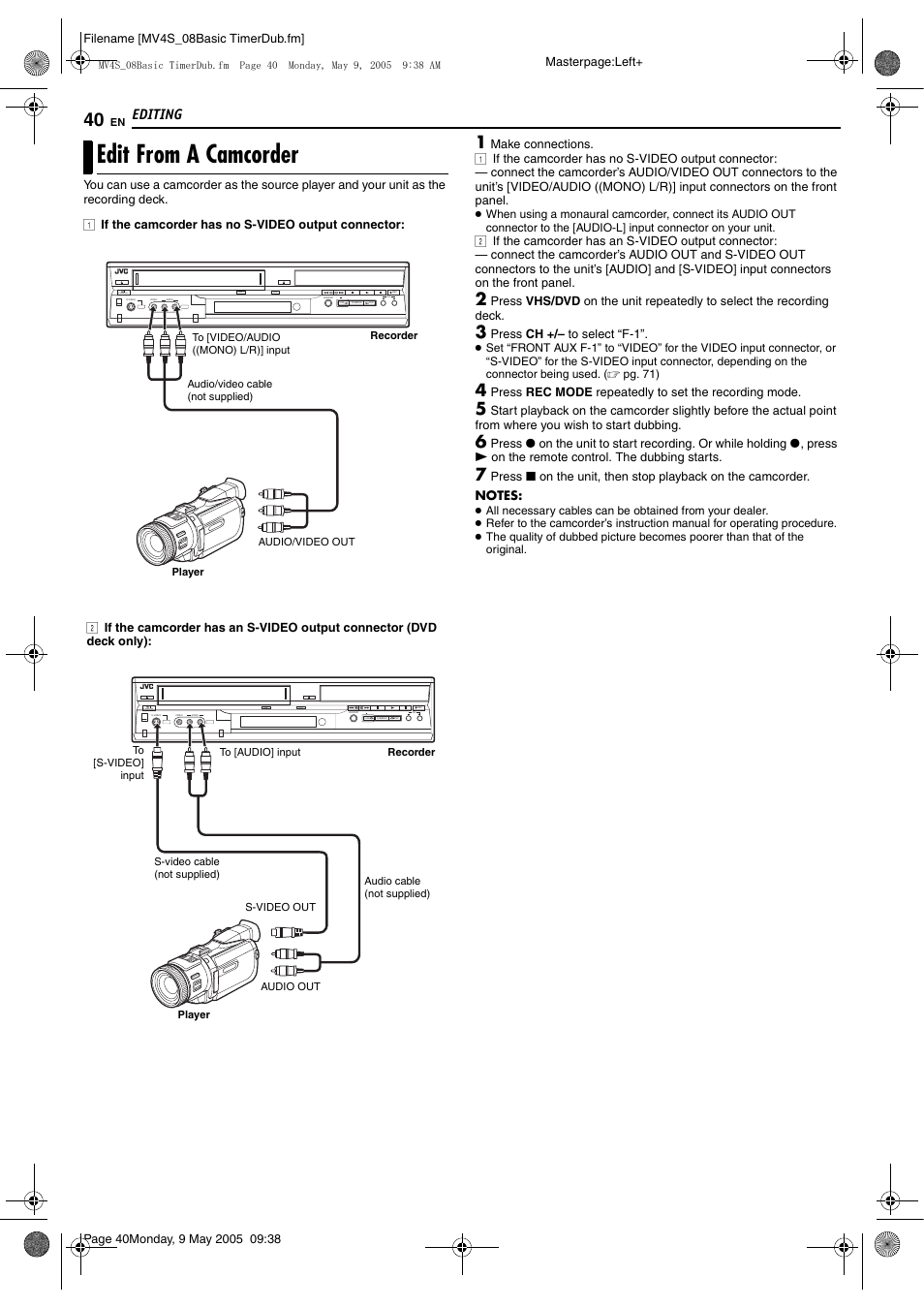 Edit from a camcorder, Editing, Dvd vhs | Standby/on | JVC DR-MV4SUJ User Manual | Page 40 / 84