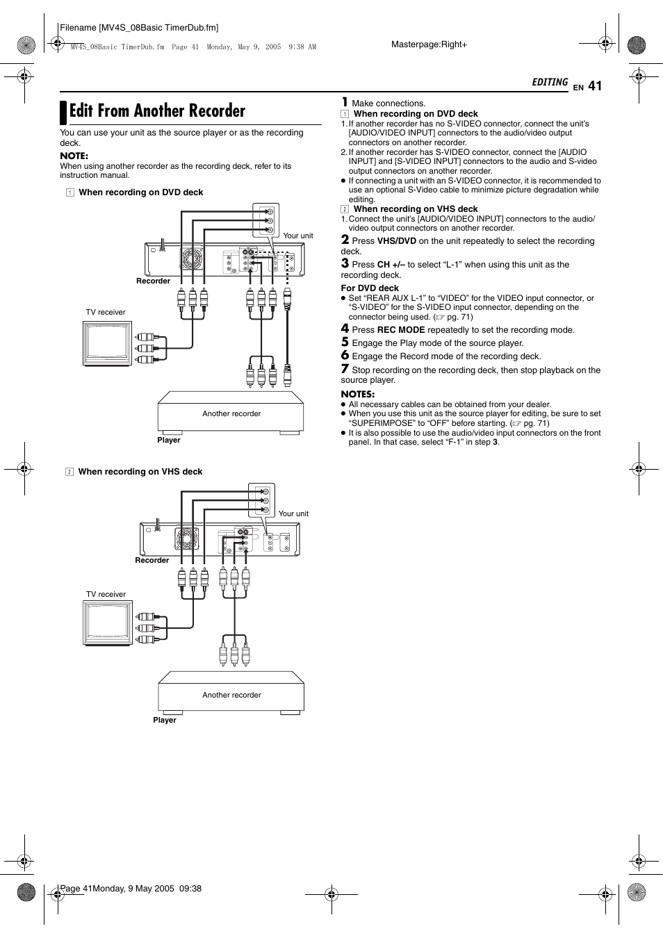 Edit from another recorder | JVC DR-MV4SUJ User Manual | Page 41 / 84