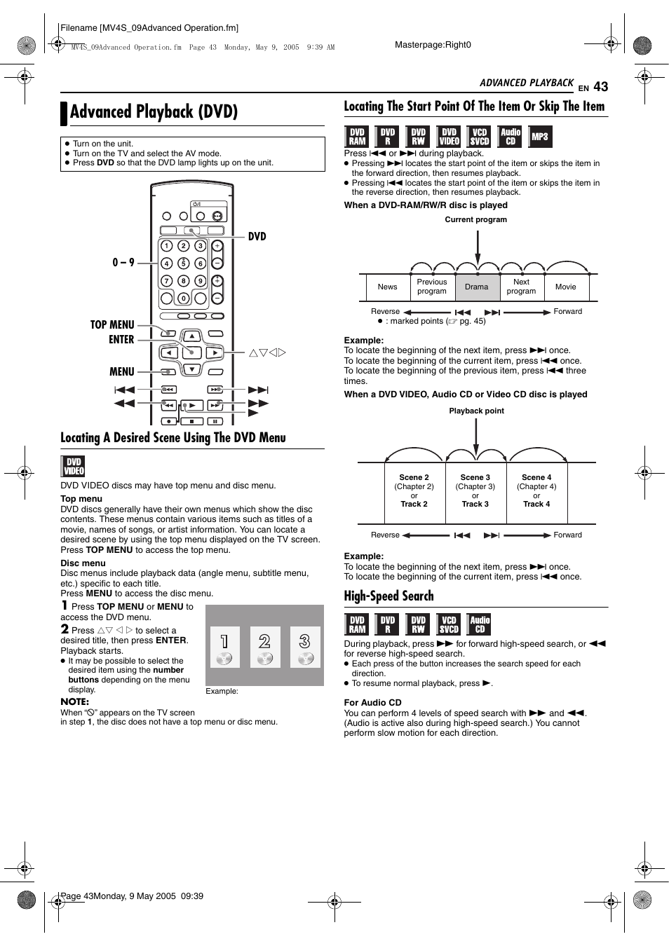 Advanced playback (dvd), Locating a desired scene using the dvd menu, High-speed search | JVC DR-MV4SUJ User Manual | Page 43 / 84