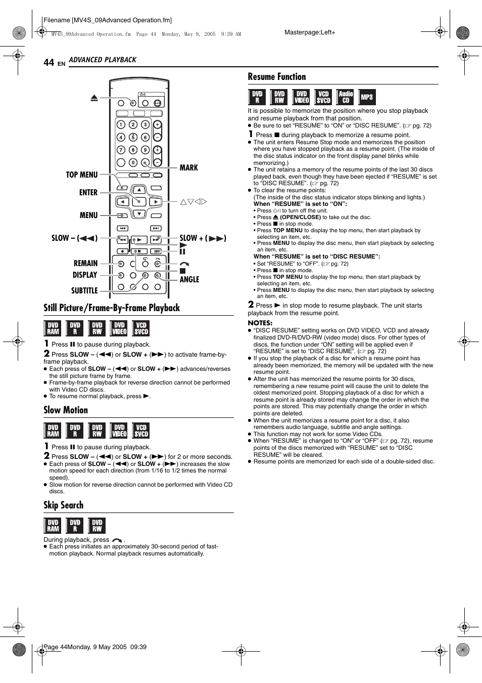 Still picture/frame-by-frame playback, Slow motion, Skip search | Resume function | JVC DR-MV4SUJ User Manual | Page 44 / 84