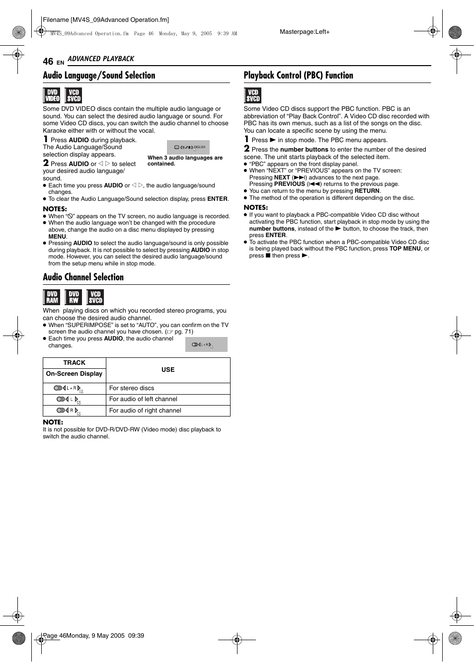 Pg. 46), Audio language/sound selection, Audio channel selection | Playback control (pbc) function | JVC DR-MV4SUJ User Manual | Page 46 / 84