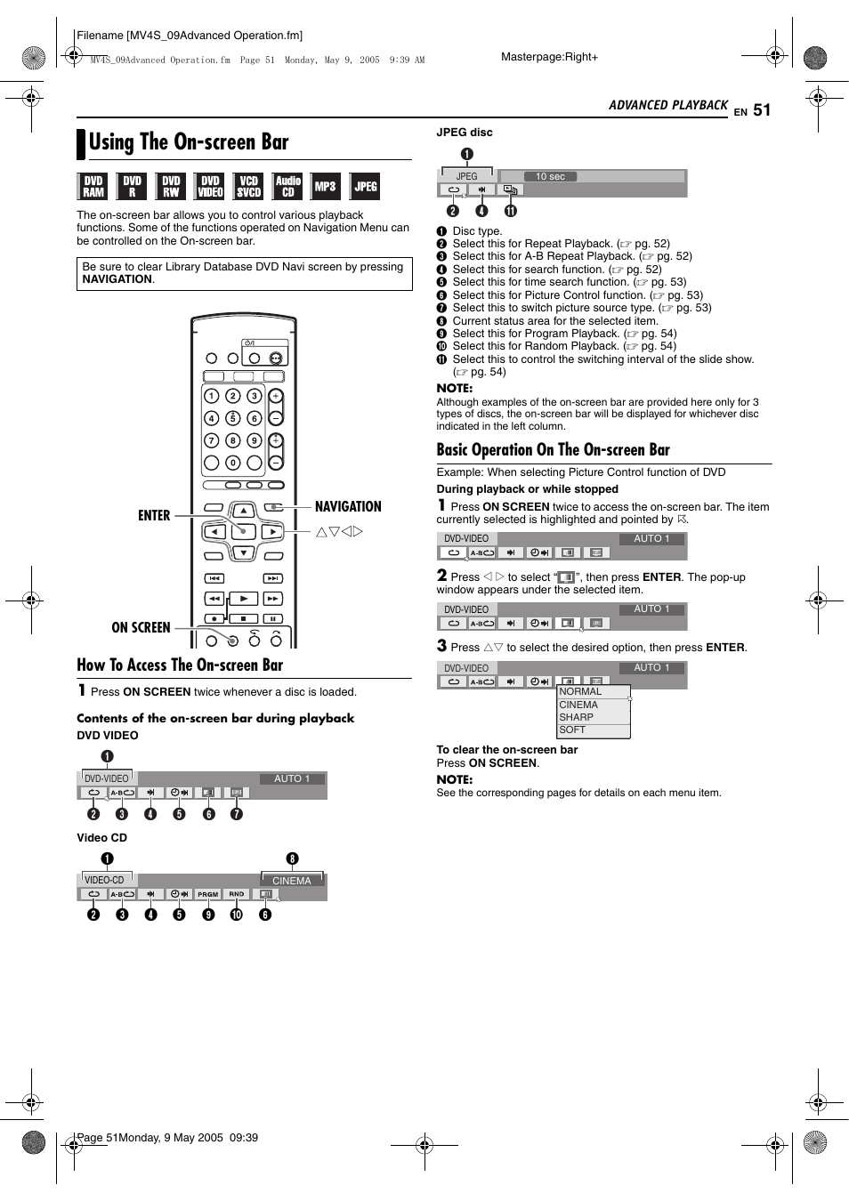 Using the on-screen bar, How to access the on-screen bar, Basic operation on the on-screen bar | JVC DR-MV4SUJ User Manual | Page 51 / 84