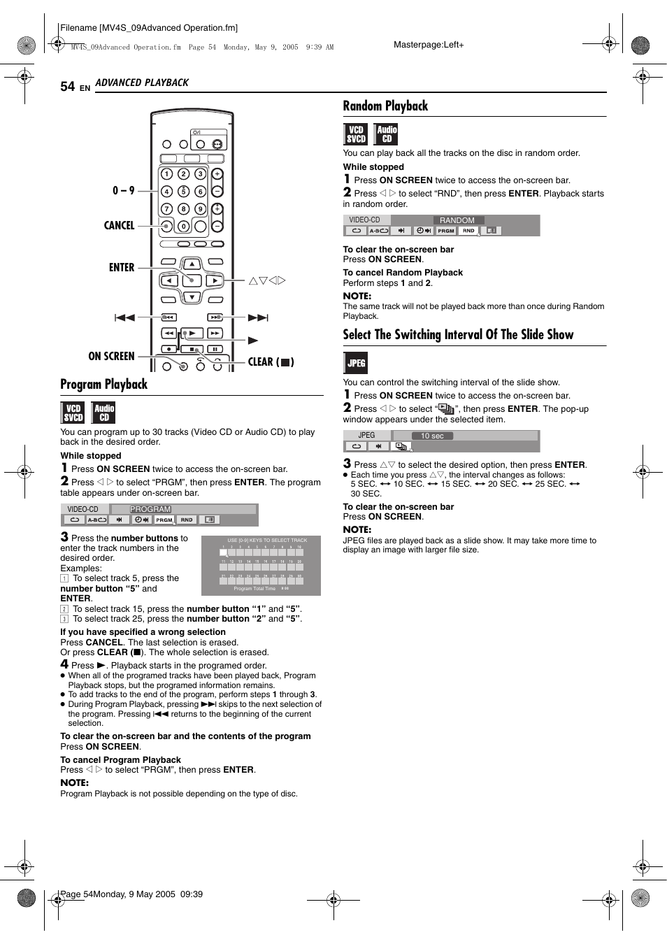 Pg. 54), Program playback, Random playback | Select the switching interval of the slide show | JVC DR-MV4SUJ User Manual | Page 54 / 84