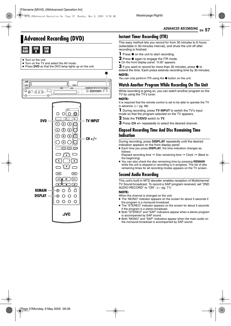 Advanced recording (dvd), Instant timer recording (itr), Watch another program while recording on the unit | Second audio recording | JVC DR-MV4SUJ User Manual | Page 57 / 84