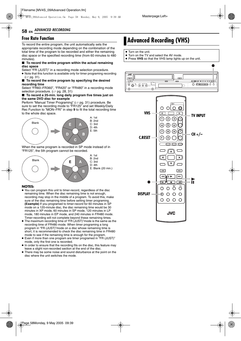 Pg. 58), Advanced recording (vhs), Free rate function | Advanced recording, Display ch +/– tv input c.reset vhs | JVC DR-MV4SUJ User Manual | Page 58 / 84