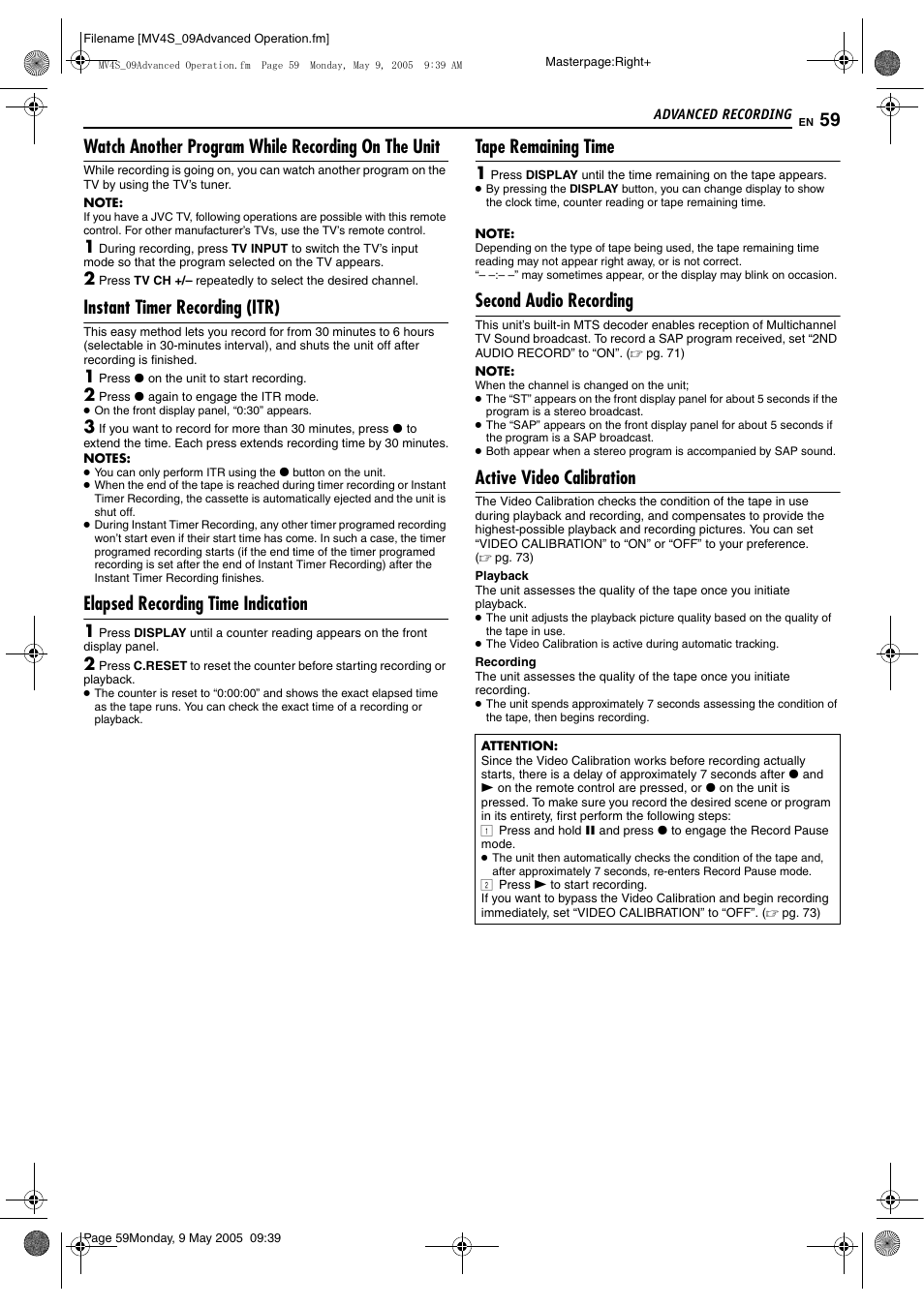 Watch another program while recording on the unit, Instant timer recording (itr), Elapsed recording time indication | Tape remaining time, Second audio recording, Active video calibration | JVC DR-MV4SUJ User Manual | Page 59 / 84