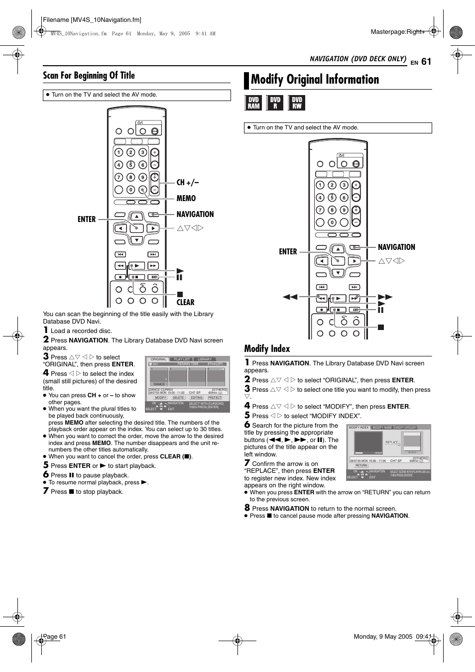 Original, Pg. 61), Modify original information | Scan for beginning of title, Modify index, Navigation (dvd deck only), Rtwe enter navigation | JVC DR-MV4SUJ User Manual | Page 61 / 84