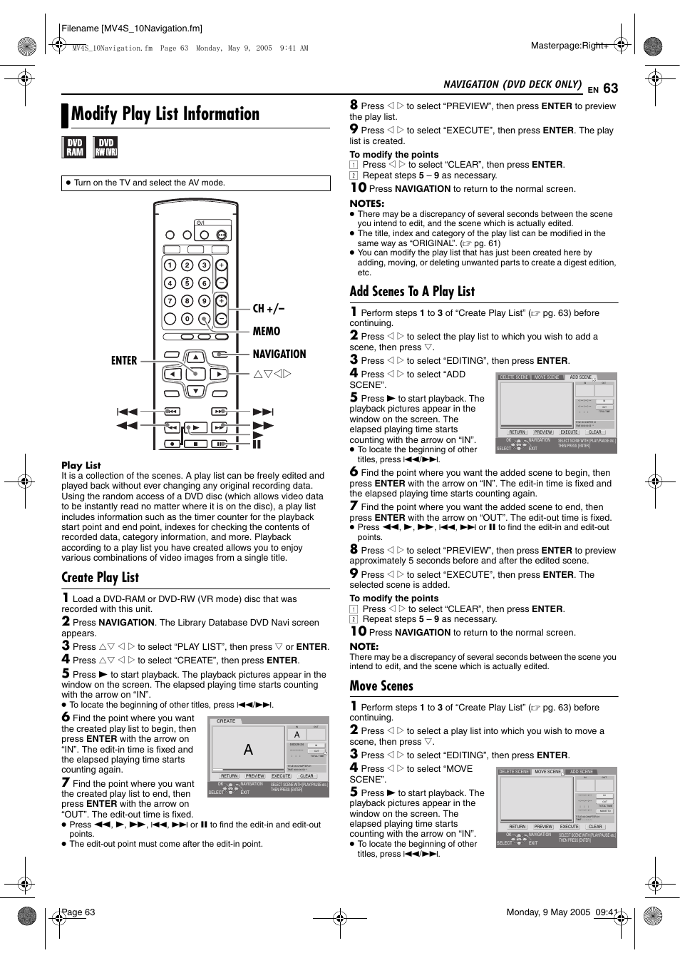 Pg. 63), Modify play list information, Create play list | Add scenes to a play list, Move scenes, Navigation (dvd deck only) | JVC DR-MV4SUJ User Manual | Page 63 / 84