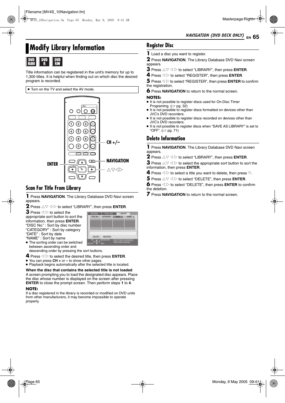 Pg. 65), Modify library information, Scan for title from library | Register disc, Delete information | JVC DR-MV4SUJ User Manual | Page 65 / 84