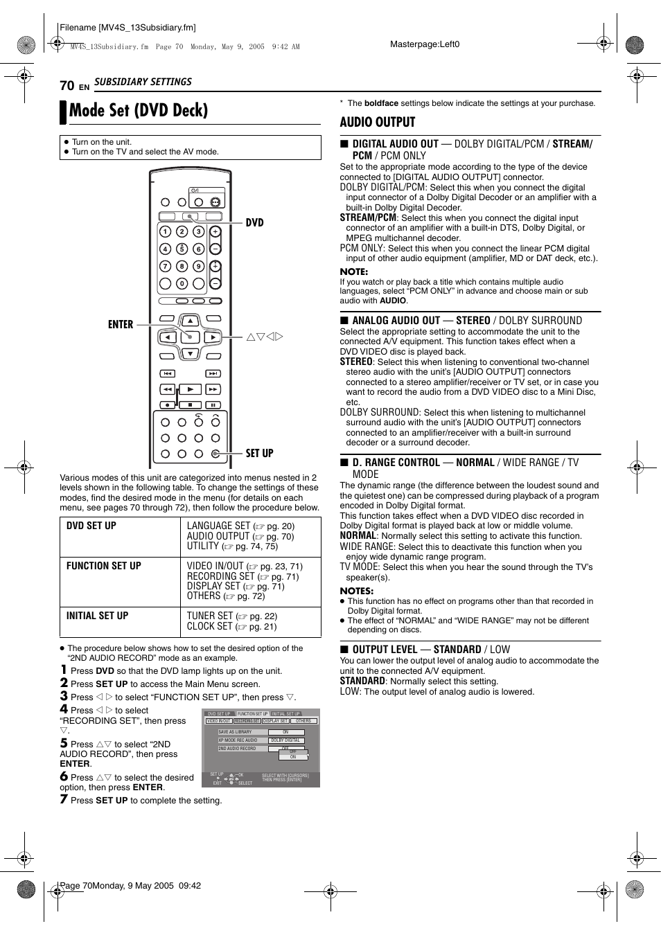 Mode set (dvd deck), Audio output | JVC DR-MV4SUJ User Manual | Page 70 / 84