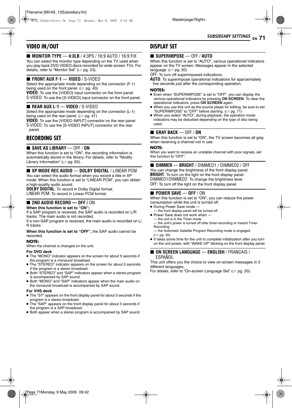 Pg. 71), Video in/out, Recording set | Display set | JVC DR-MV4SUJ User Manual | Page 71 / 84