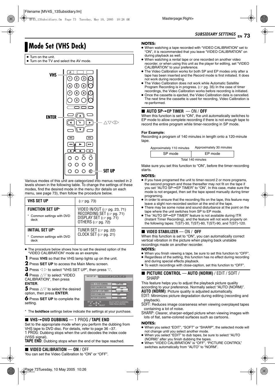 Mode set (vhs deck) | JVC DR-MV4SUJ User Manual | Page 73 / 84