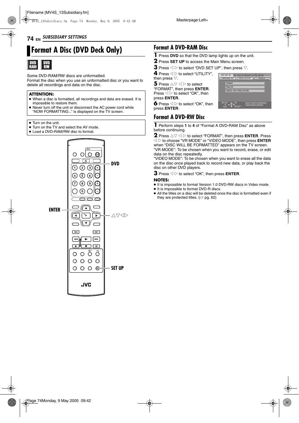Pg. 74, 75), Format a disc (dvd deck only), Format a dvd-ram disc | Format a dvd-rw disc | JVC DR-MV4SUJ User Manual | Page 74 / 84