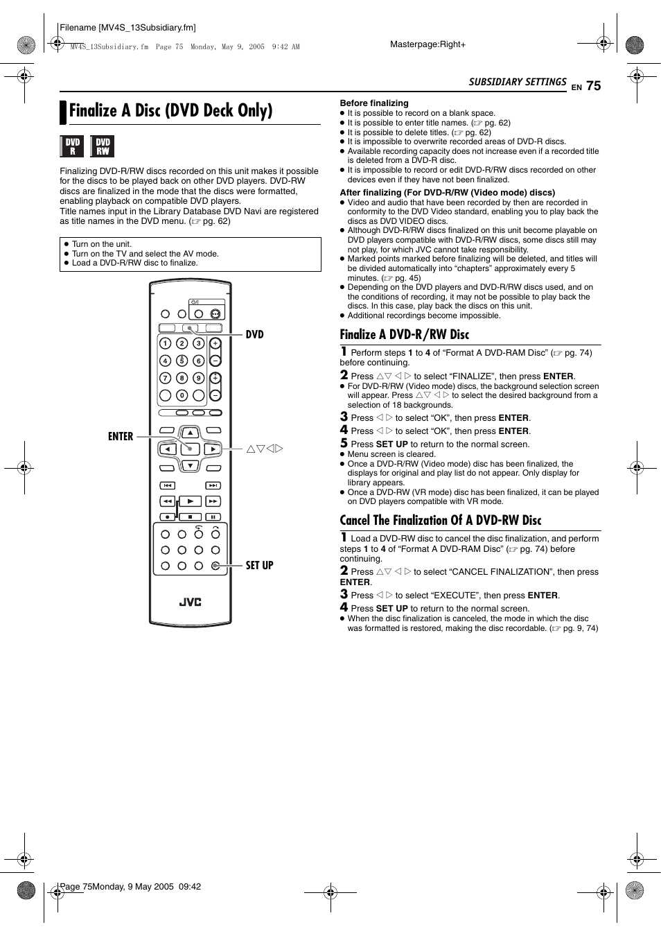 Finalize a disc (dvd deck only), Finalize a dvd-r/rw disc, Cancel the finalization of a dvd-rw disc | JVC DR-MV4SUJ User Manual | Page 75 / 84