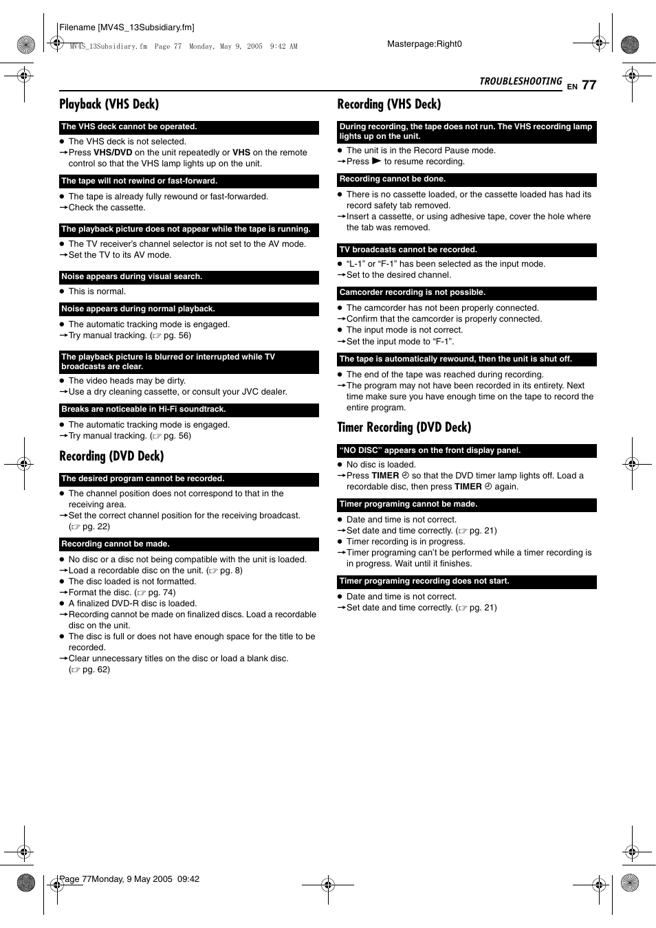 Playback (vhs deck), Recording (dvd deck), Recording (vhs deck) | Timer recording (dvd deck) | JVC DR-MV4SUJ User Manual | Page 77 / 84