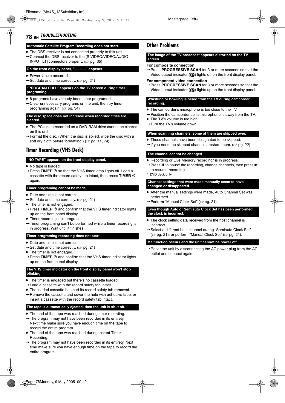Timer recording (vhs deck), Other problems | JVC DR-MV4SUJ User Manual | Page 78 / 84