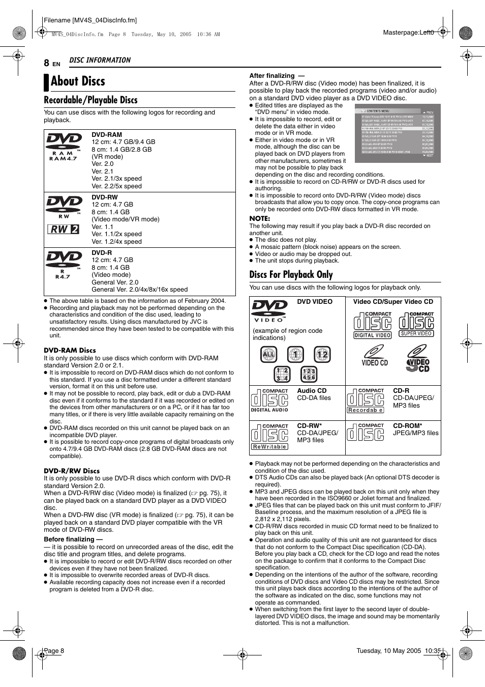 About discs, Recordable/playable discs, Discs for playback only | JVC DR-MV4SUJ User Manual | Page 8 / 84