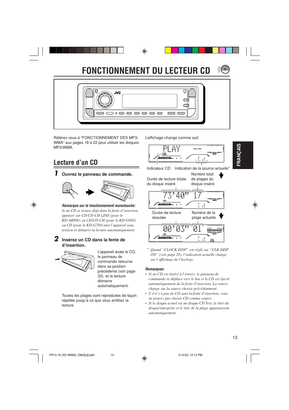 Fonctionnement du lecteur cd, Lecture d’un cd 1 | JVC KD-AR800J User Manual | Page 101 / 135
