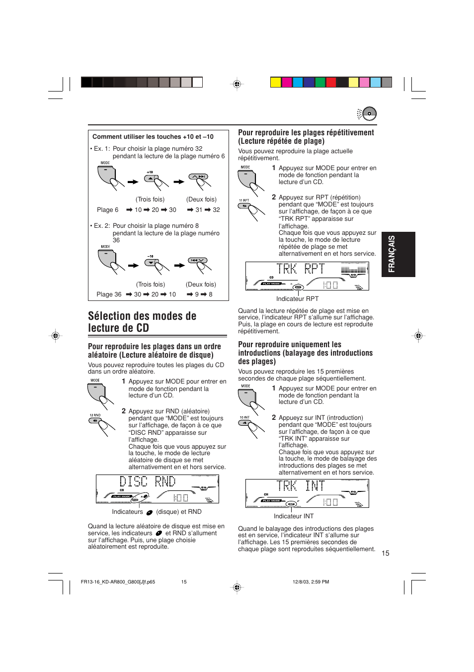 Sélection des modes de lecture de cd | JVC KD-AR800J User Manual | Page 103 / 135