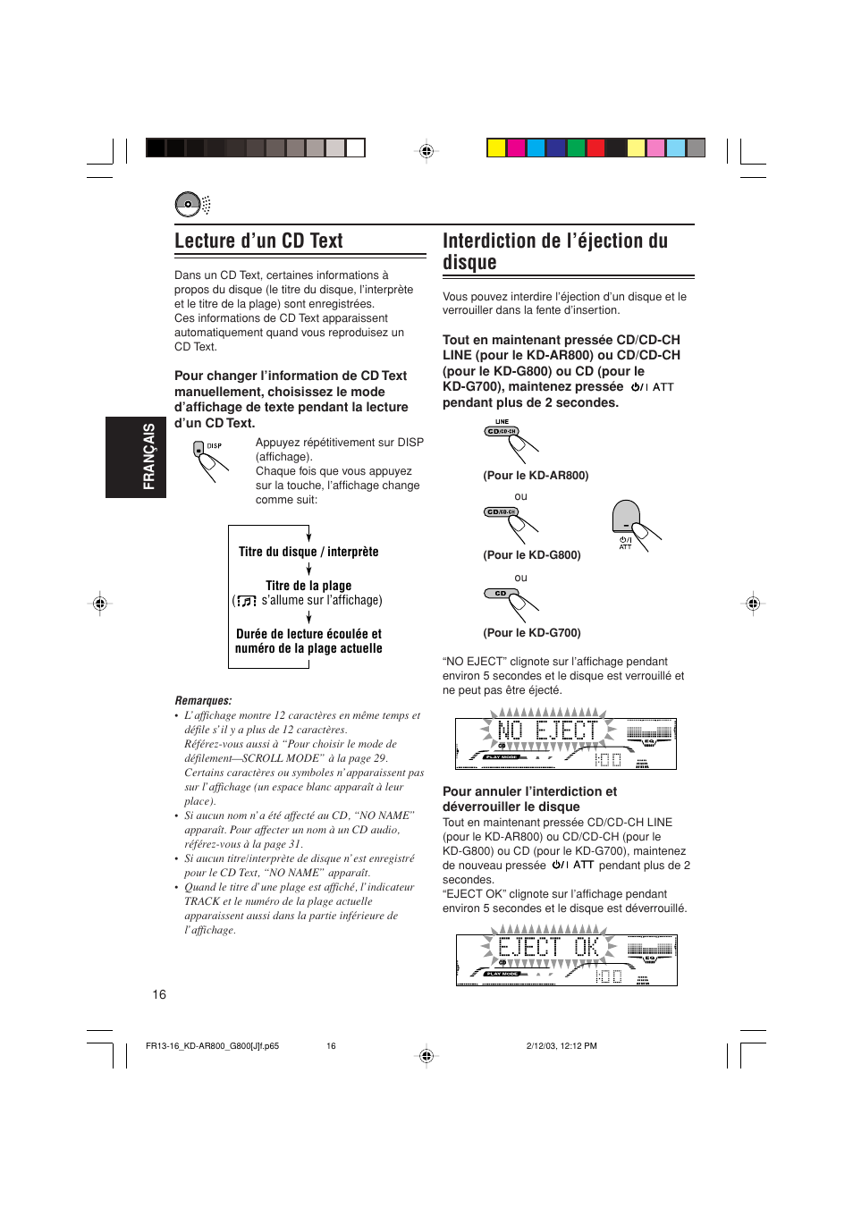 Interdiction de l’éjection du disque, Lecture d’un cd text | JVC KD-AR800J User Manual | Page 104 / 135