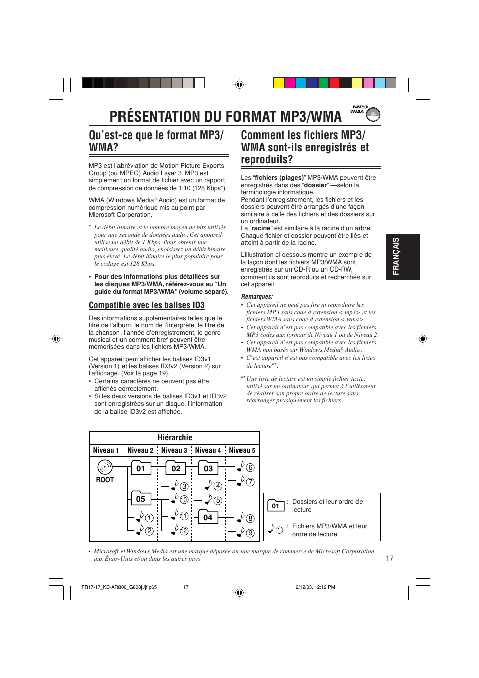 Présentation du format mp3/wma, Qu’est-ce que le format mp3/ wma, Compatible avec les balises id3 | JVC KD-AR800J User Manual | Page 105 / 135