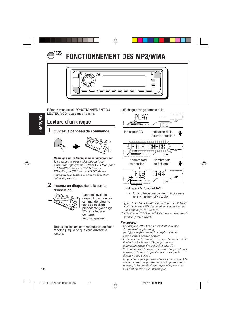 Fonctionnement des mp3/wma, Lecture d’un disque 1 | JVC KD-AR800J User Manual | Page 106 / 135